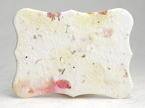 blank scalloped escort card with pink larkspur