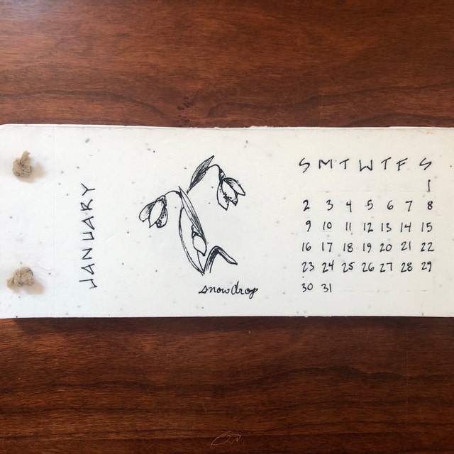 seed paper handmade calendar with snowdrop art for January